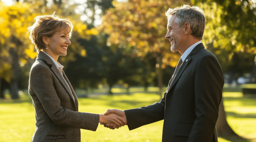 Businesswoman and business man shake hands in an Auckland park – business risk management best practices